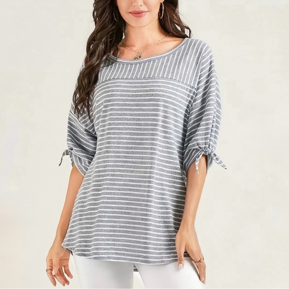 Luyaa Bow Sleeve Loose Tee Blouse Gray White Stripes NWT